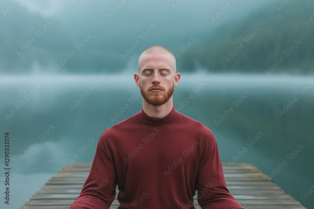 Fototapeta premium Serene meditation by tranquil lake, surrounded by misty mountain