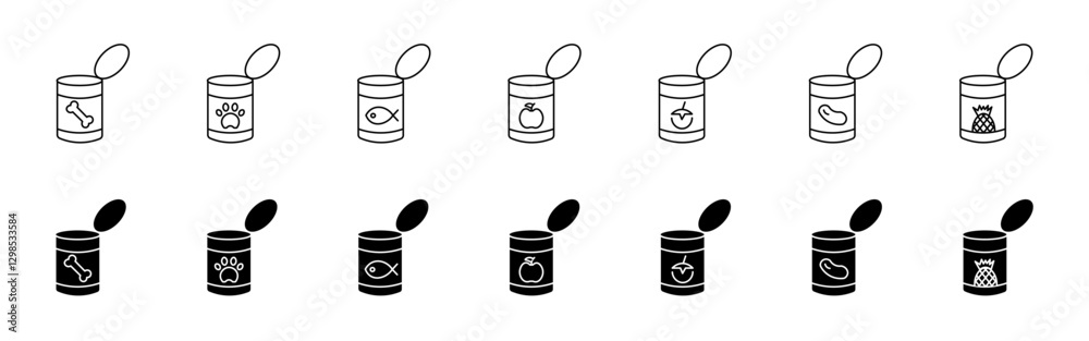 Vector icons of canned food - hand drawn outline illustrations (tomato, pineapple, fish and others)