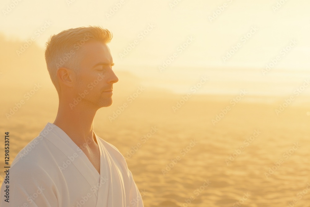 Serenity captured during sunrise, man in meditation on tranquil Serenity captured during sunrise, man in meditation on tranquil