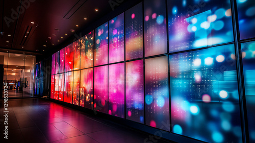 Abstract concept of a giant multimedia wall with digital screens and gradient lighting in a minimalist futuristic design, showcasing the potential of advanced digital technology and communication syst