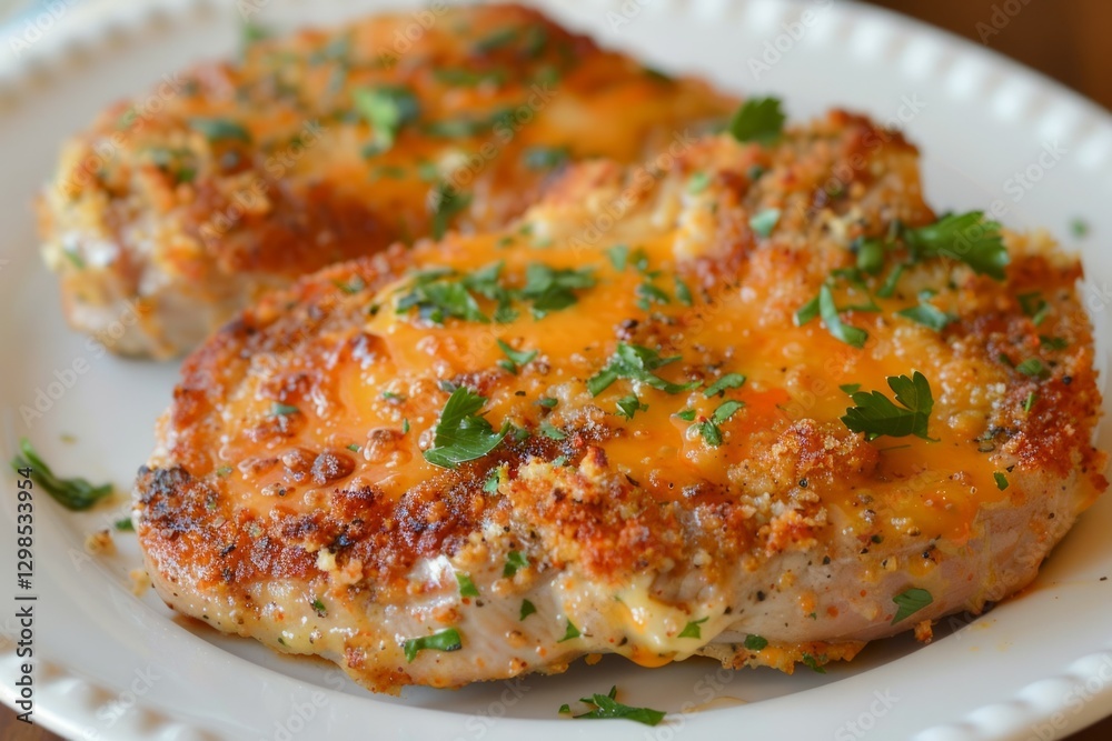 Crispy baked breaded chicken on white plate. AI image Crispy baked breaded chicken on white plate. AI image