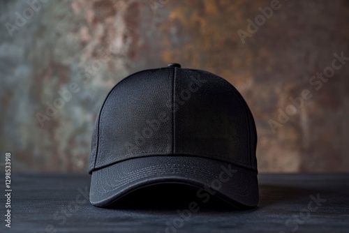Black baseball cap mockup on a dark background, front view. Blank black trucker hat template with no design. color ball cap isolated on a table.
