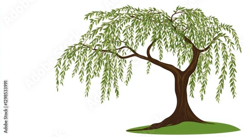 Weeping willow stands on grass in a simplistic, bright background