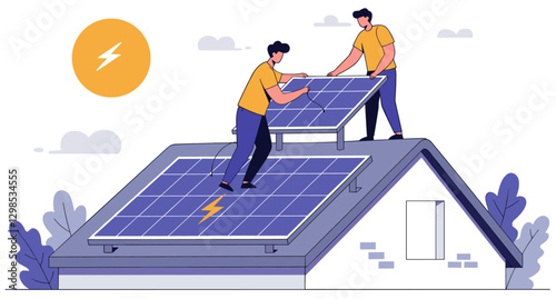 Two men applying new photovoltaic solar system in house rooftop. Minimalist colorful illustration