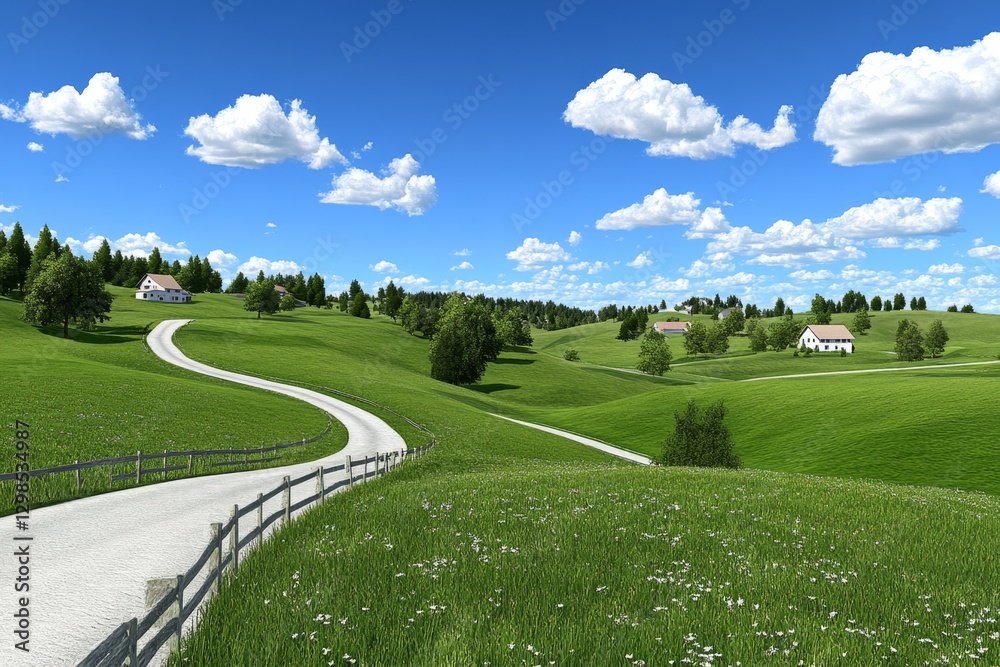 A highly detailed 3D-rendered valley with rolling hills, forests, and a peaceful village A highly detailed 3D-rendered valley with rolling hills, forests, and a peaceful village