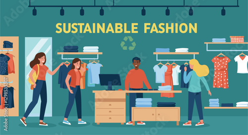 Sustainable fashion market with people buying second hand clothes. Environmental conservation. Colorful minimalist banner