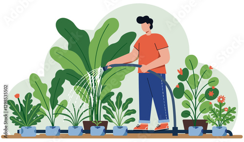 Conscious water practice with man watering his plants. Colorful illustration