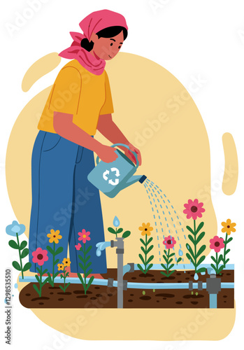 Woman watering her flowers in garden being conscious with water usage. Minimalist flat style illustration