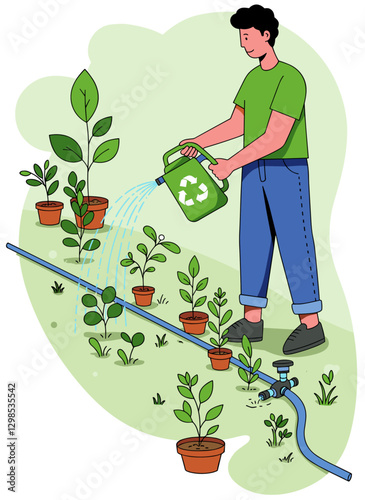 Man using watering his plants with consciousness. Minimalist cartoon vector