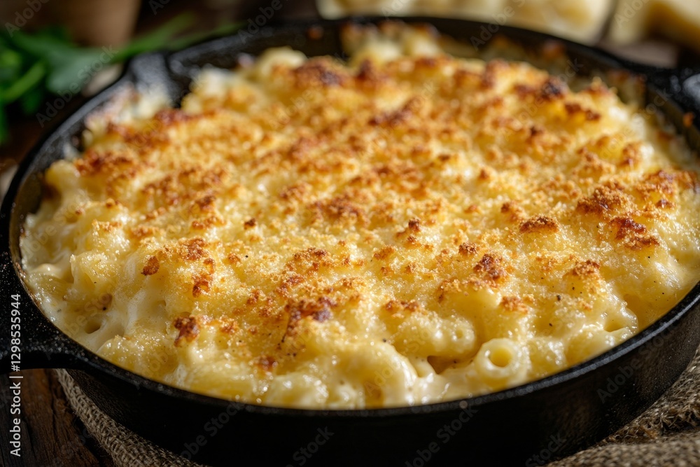 Golden crusted baked macaroni and cheese in cast iron skillet Golden crusted baked macaroni and cheese in cast iron skillet