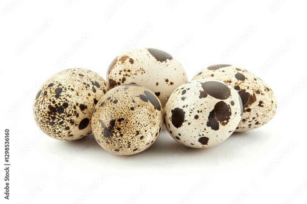 Cluster of speckled quail eggs on white background. AI image Cluster of speckled quail eggs on white background. AI image