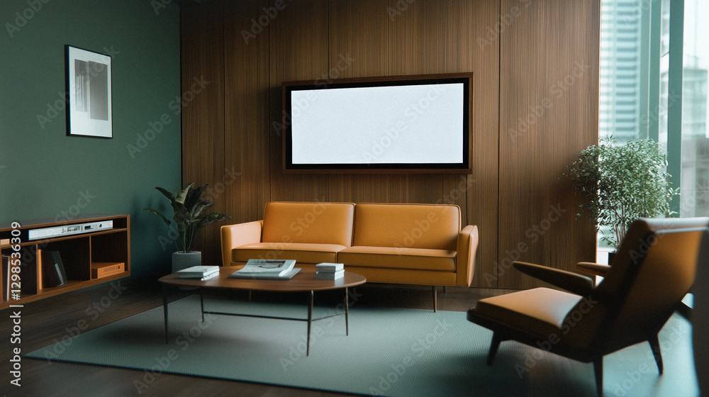 Modern Living Room: A stylish living room interior showcases a blend of mid-century modern design. A flat-screen television hangs above a sofa, creating a focal point against the wooden paneling. Modern Living Room: A stylish living room interior showcases a blend of mid-century modern design. A flat-screen television hangs above a sofa, creating a focal point against the wooden paneling.