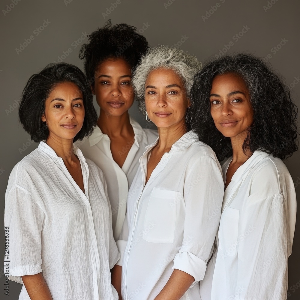 Four confident mature women in white shirts