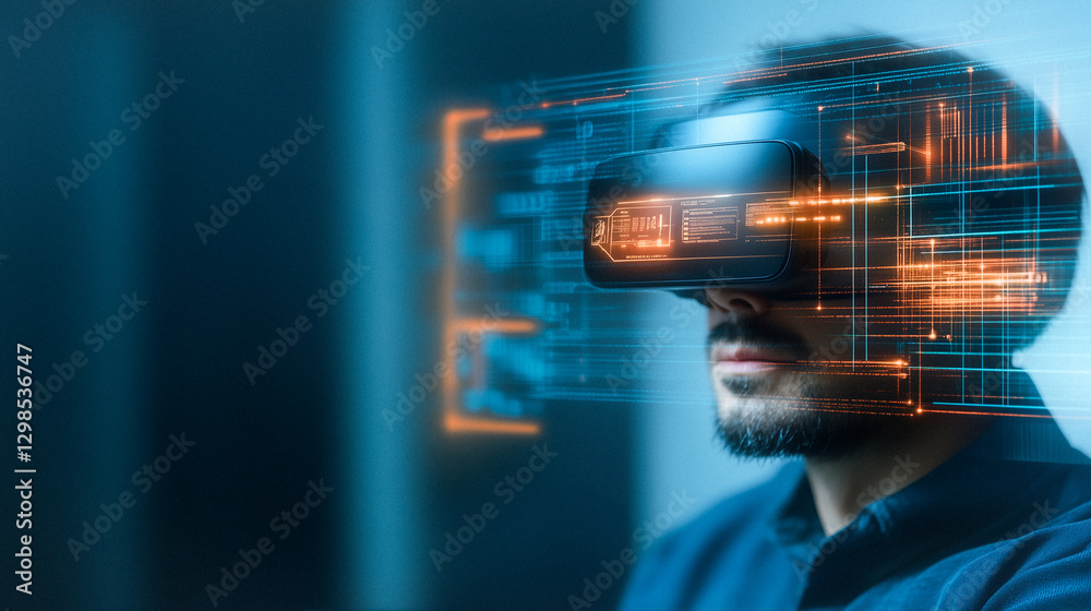 Immersed in Digital Realm: A man wearing a VR headset is absorbed in the virtual experience, glowing lines suggesting a complex and immersive digital world. Immersed in Digital Realm: A man wearing a VR headset is absorbed in the virtual experience, glowing lines suggesting a complex and immersive digital world.