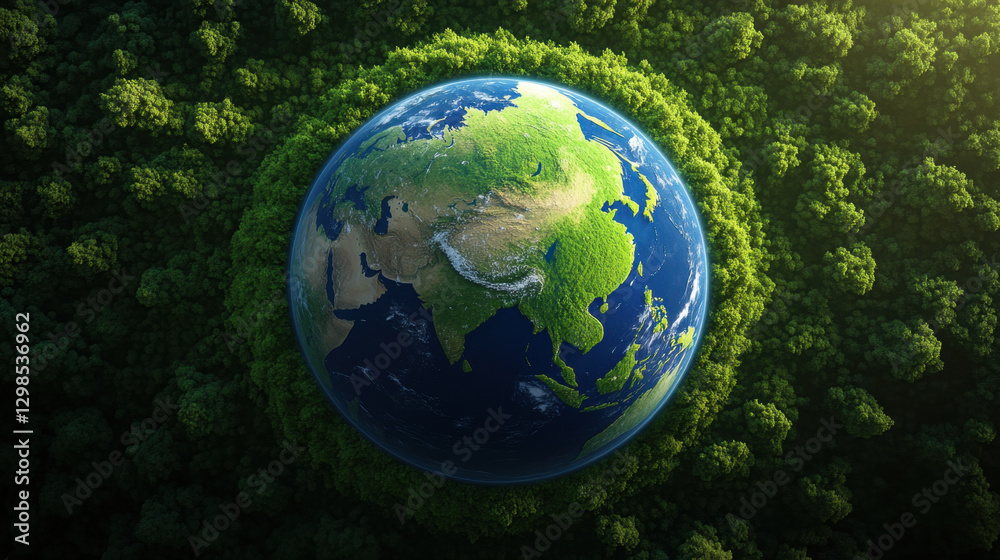 Aerial view of Earth surrounded by lush green forest, symbolizing nature and sustainability. vibrant colors evoke sense of peace and harmony Aerial view of Earth surrounded by lush green forest, symbolizing nature and sustainability. vibrant colors evoke sense of peace and harmony
