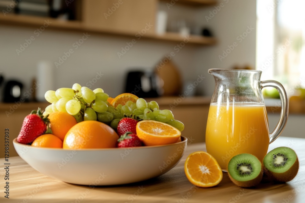 fruit bowl with orange juice and kiwi on a table fruit bowl with orange juice and kiwi on a table