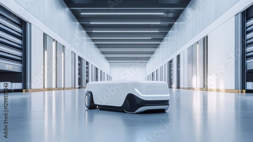 Autonomous Mobile Robot in Modern Warehouse Futuristic Automated Storage System Technology Innovation Clean White Robot AI data room smart chain racks photo