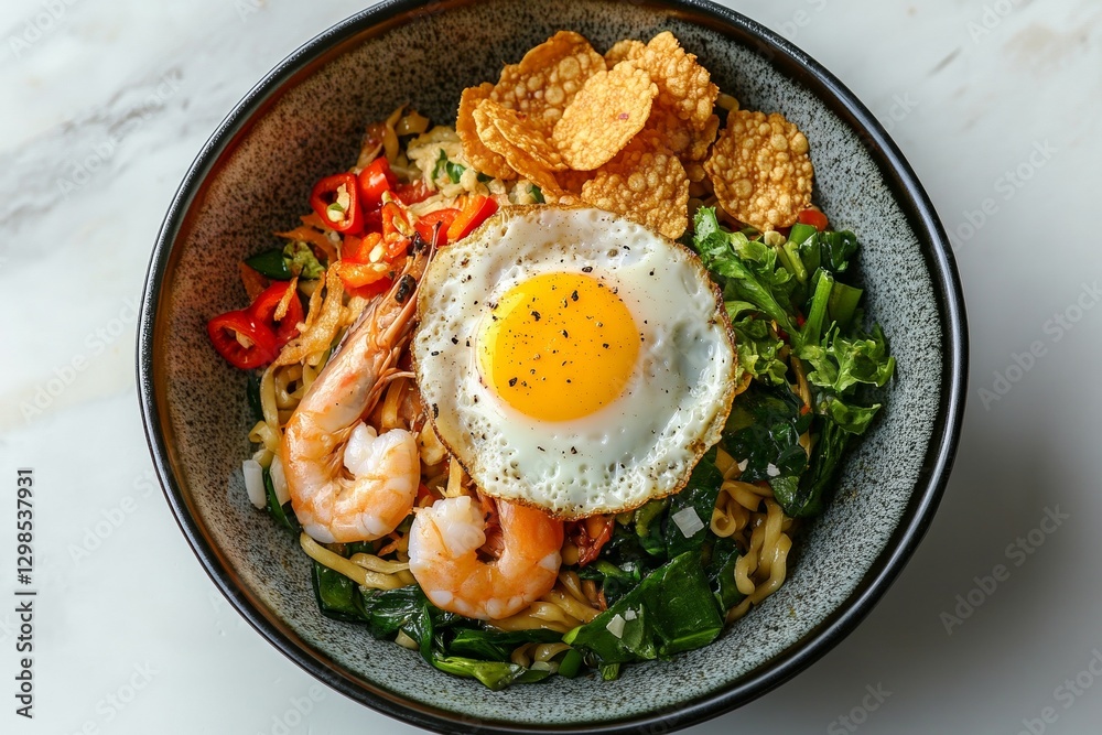 Delicious noodle bowl with shrimp, fried egg, vegetables, and crispy wontons Delicious noodle bowl with shrimp, fried egg, vegetables, and crispy wontons
