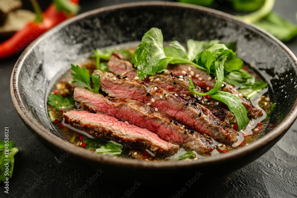 Succulent sliced steak with fresh herbs and spices in a rustic bowl Succulent sliced steak with fresh herbs and spices in a rustic bowl