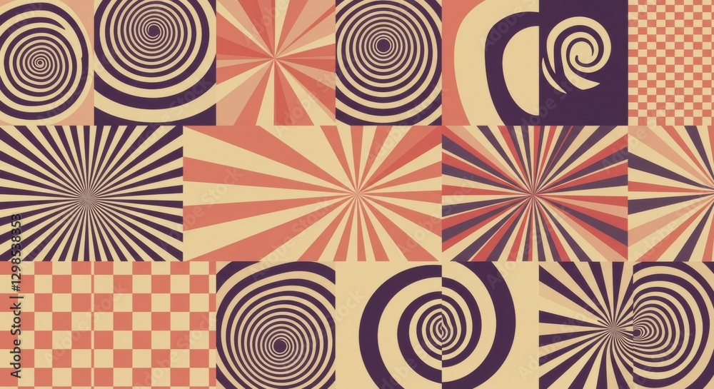 Naklejka premium Retro geometric patterns, Optical illusions, Pastel color palette, Swirls and spirals, Checkered designs, Wavy lines, Sunburst motifs, Abstract background