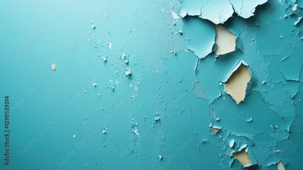 Obraz premium A close-up of a textured wall with peeling paint in shades of turquoise, revealing a lighter layer beneath, This image is ideal for renovation topics, artistic backgrounds, or illustrating decay,
