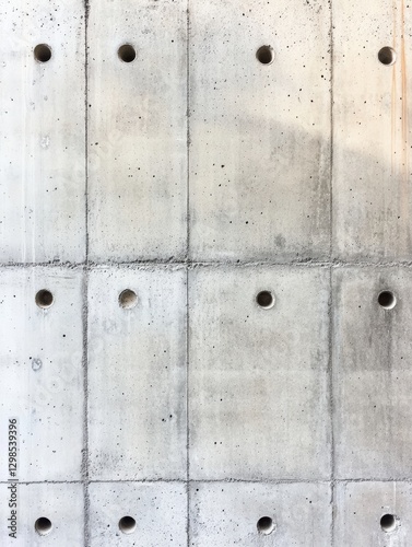 A textured concrete wall with evenly spaced circular holes, perfect for architectural, construction, and design projects, Can be used in marketing materials related to building and infrastructure, photo