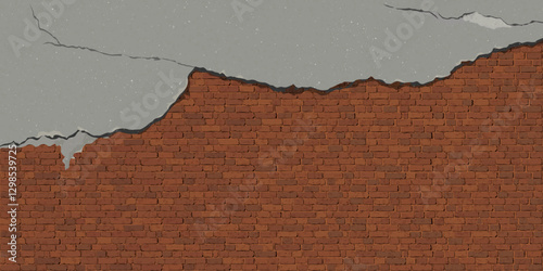 The old cement wall has been plastered until the plaster has cracked and revealed the red brick inside graphic illustration have blank space.