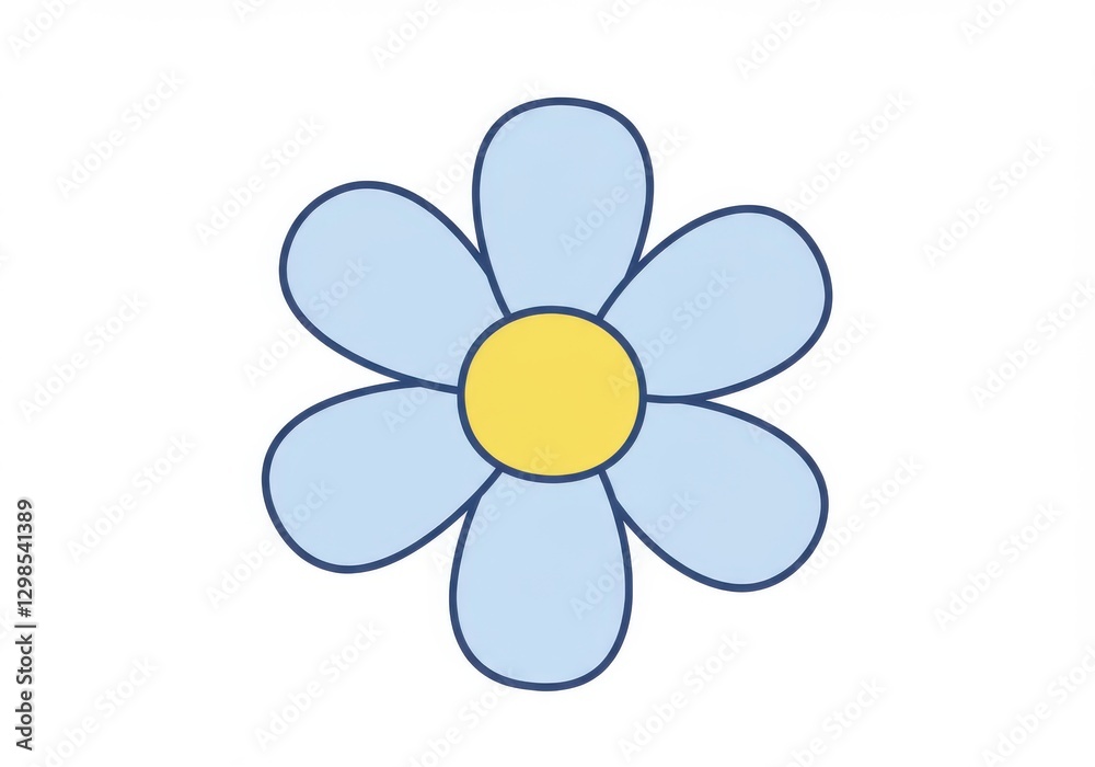 Simple cartoon flower, light blue petals, yellow center, minimalist design, clean lines, childlike drawing, pastel colors, flat illustration Simple cartoon flower, light blue petals, yellow center, minimalist design, clean lines, childlike drawing, pastel colors, flat illustration