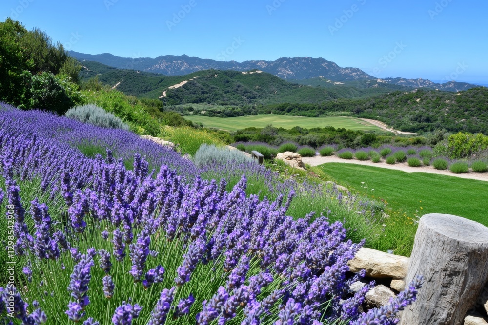 Fototapeta premium A hillside covered in lavender fields, creating a dreamy purple expanse under a clear sky
