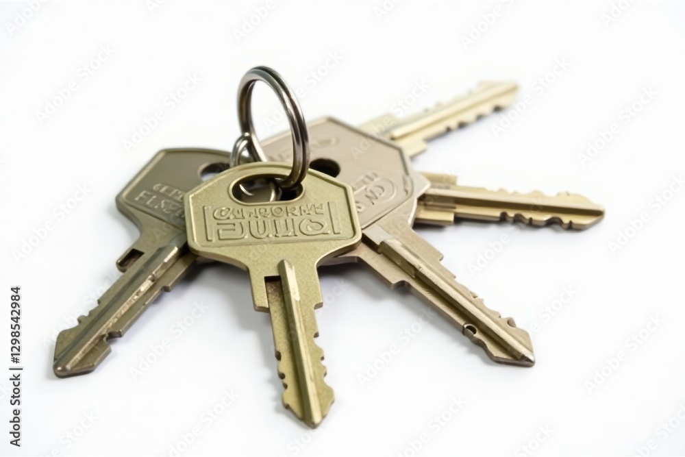 Set of house keys with small house keychain, isolated on white backdrop , lock, minimal Set of house keys with small house keychain, isolated on white backdrop , lock, minimal