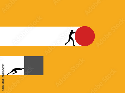 Compare easy and difficult strategies, businessman pushing round and square objects
