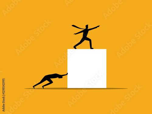 Businessman trying to push a square object with his boss