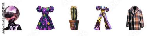 Eclectic fashion items, cactus, fur coat, and abstract mask vintage element set isolated on transparent background