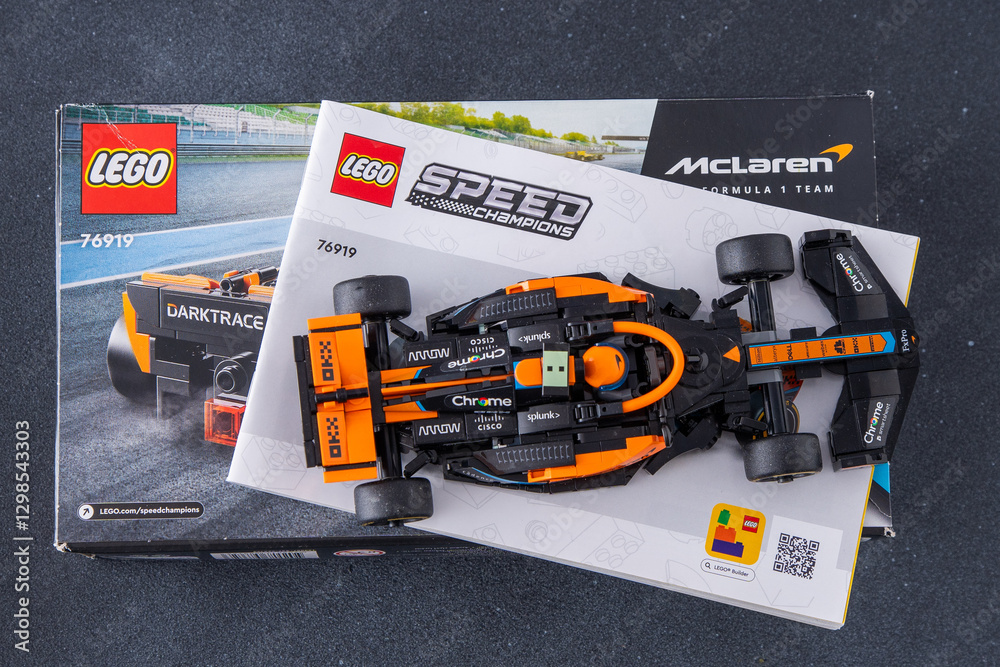 Naklejka premium LEGO Toy racing McLaren Formula 1 Car Champions 76919. Ukraine, Kyiv - January 8, 2025.