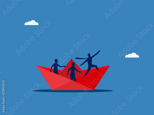 Leader, Brave, Challenge, Business Team on Paper Boat Leading Forward