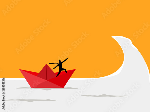 Brave, Challenging Problems, Businessman on a Paper Boat Encountering Big Waves