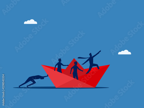 Leader, Difficulty, Businessman Pushing Paper Boat and Crew Leading Forward