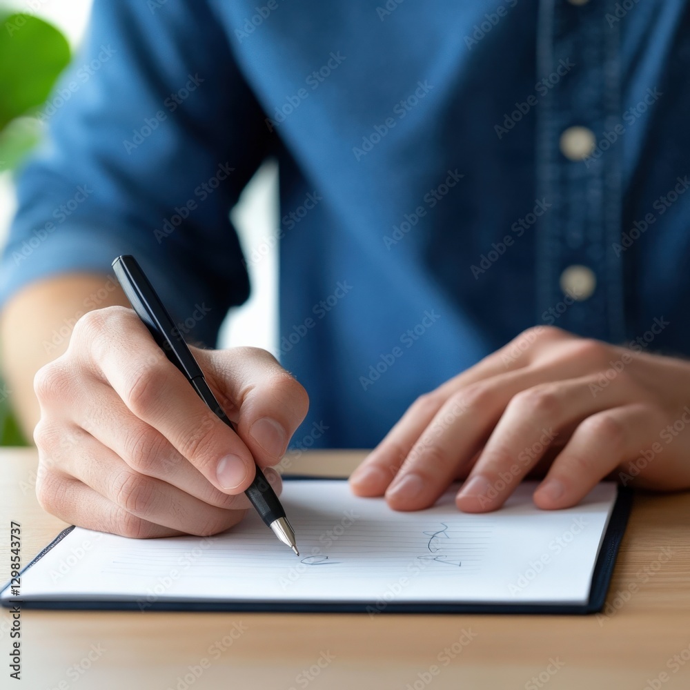 Man Writing on Paper with Pen at Desk Man Writing on Paper with Pen at Desk