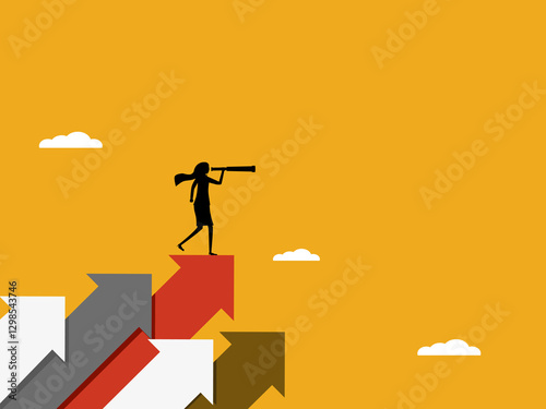 Looking for profit, businesswoman with binoculars on an arrowhead pointing up