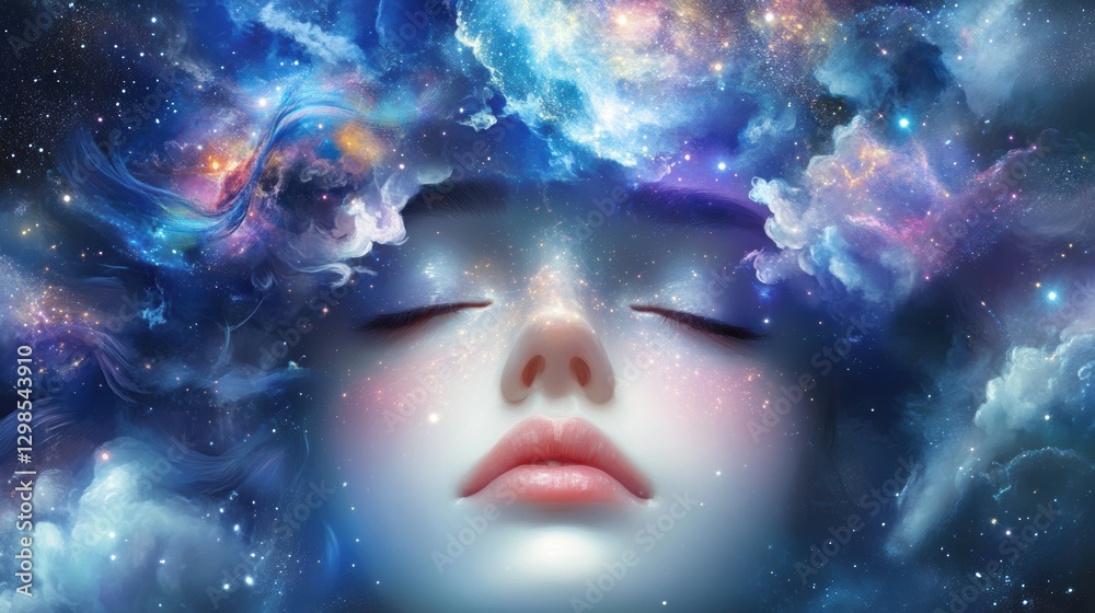 A serene face emerges from a cosmic backdrop filled with vibrant galaxies and swirling clouds, embodying a tranquil dream state, Ideal for themes of meditation, spirituality, and creativity, A serene face emerges from a cosmic backdrop filled with vibrant galaxies and swirling clouds, embodying a tranquil dream state, Ideal for themes of meditation, spirituality, and creativity,