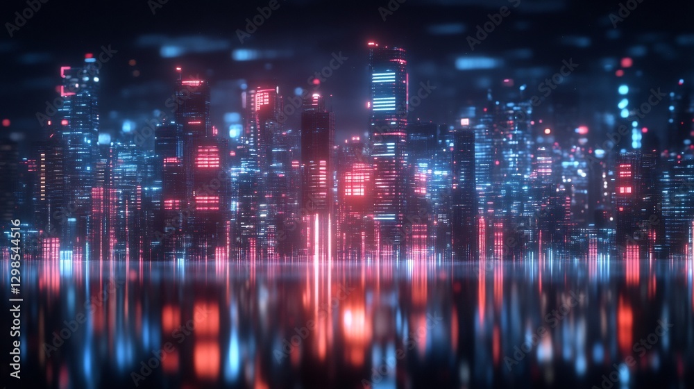 Fototapeta premium cyberpunk city skyline neon reflections AI glitch effects --ar 16:9