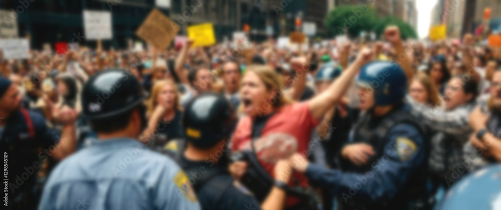Heated demonstration unfolds in the streets, underscored by a blurred background of towering buildings Heated demonstration unfolds in the streets, underscored by a blurred background of towering buildings
