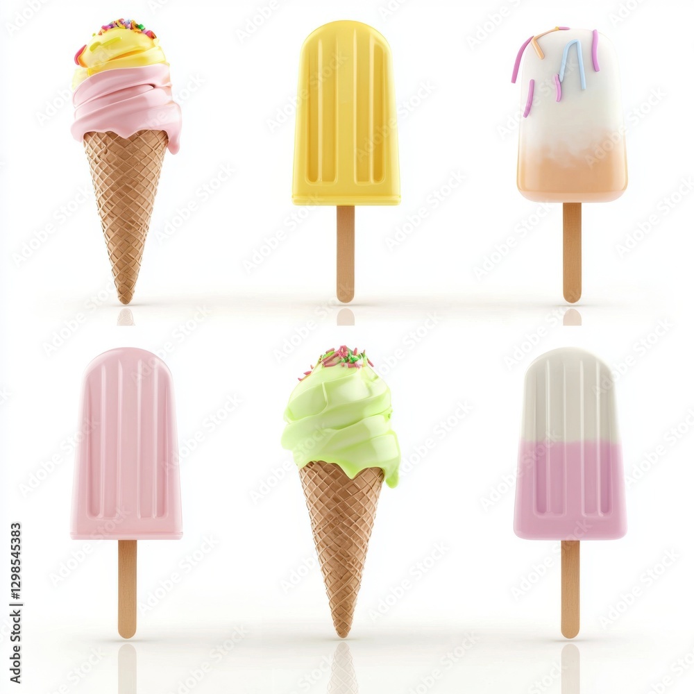 A collection of glossy 3D rendered ice cream scoops, cones, and popsicles with melting glaze, rich pastel colors, neatly arranged on a white isolated background A collection of glossy 3D rendered ice cream scoops, cones, and popsicles with melting glaze, rich pastel colors, neatly arranged on a white isolated background