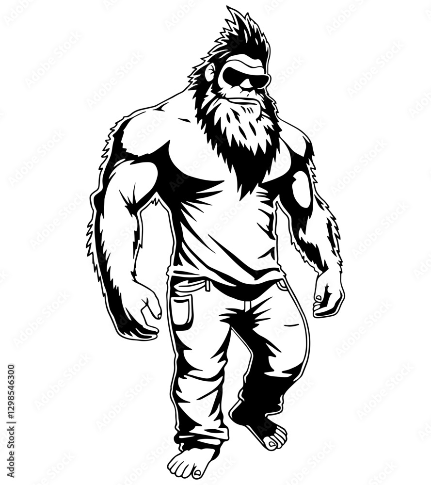 Fototapeta premium Cool Yeti illustration in jeans and sunglasses. Black and white cartoon design perfect for prints, stickers, clipart, silhouette, cut files, and logos