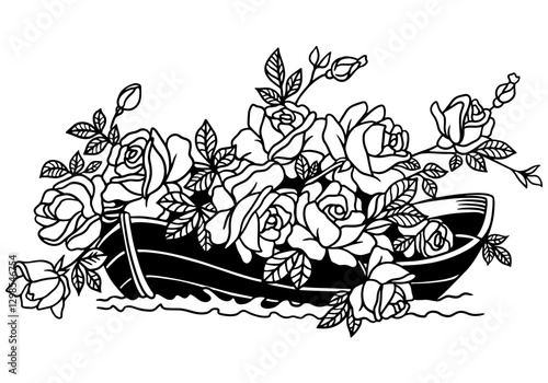 Elegant black and white vector illustration of a boat filled with blooming roses. Perfect for romantic designs, wedding decor, greeting cards, and invitations. Vintage floral art with a timeless charm