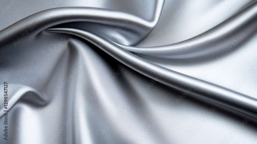 Fototapeta premium Smooth, lustrous silver fabric drapes elegantly, showcasing soft folds and a shimmering surface, perfect for fashion, interior design, or promotional material focused on luxury or textiles,