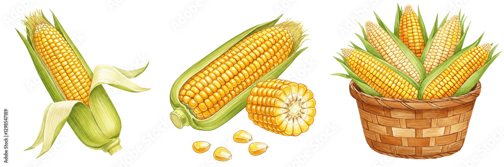 Obraz premium Fresh corn cobs with husks and kernels, watercolour style clipart collection, isolated on a transparent background
