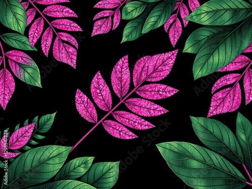 Pink Glitter Tropical Leaves on Black Background