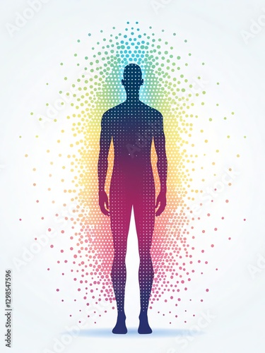 Colorful silhouette of a human figure surrounded by a digital, dotted gradient pattern.