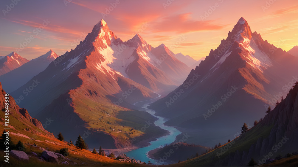 Obraz premium Sunset and sunrise over snowy mountain peaks